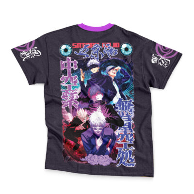 The Satoru Gojo V3 Jujutsu Kaisen Streetwear T-Shirt is a black tee with purple sleeve and collar accents, showcasing four vibrant anime characters and bold Japanese text on the back in a dynamic, colorful design.