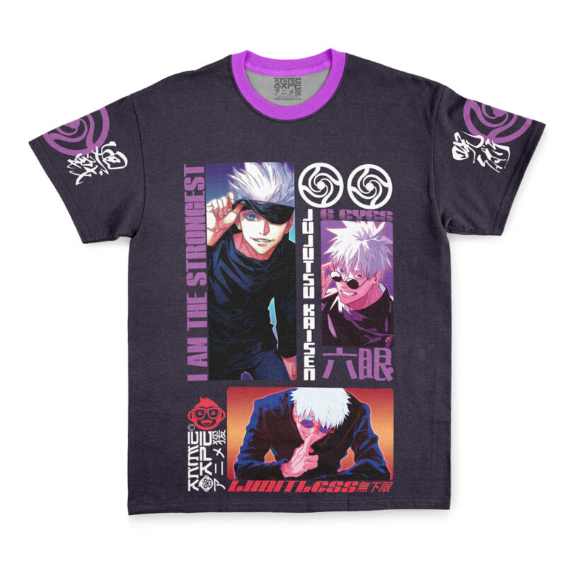 The Satoru Gojo V3 Jujutsu Kaisen Streetwear T-Shirt is a black tee with vibrant anime-style art of Satoru Gojo, purple accents, Japanese text, and phrases like "I am the strongest" and "Limitless" on the front and sleeves.