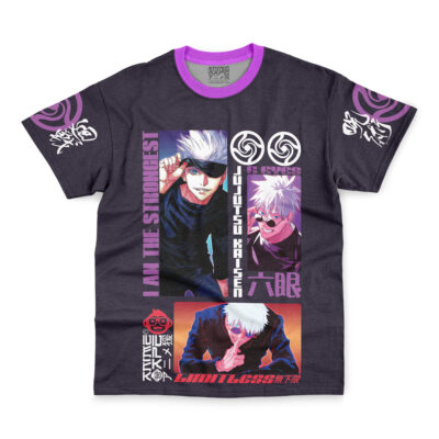 The Satoru Gojo V3 Jujutsu Kaisen Streetwear T-Shirt is a black and purple tee with three images of Satoru Gojo, stylized text ("I AM THE STRONGEST"), and Japanese characters and symbols.