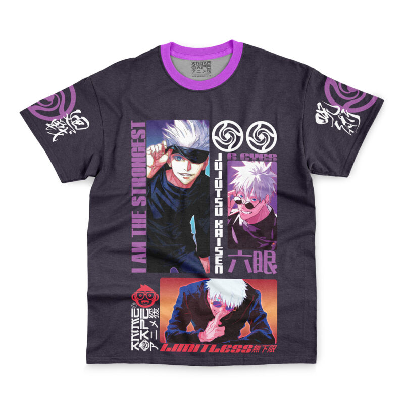 The Satoru Gojo V3 Jujutsu Kaisen Streetwear T-Shirt is a black and purple tee with three images of Satoru Gojo, stylized text ("I AM THE STRONGEST"), and Japanese characters and symbols.