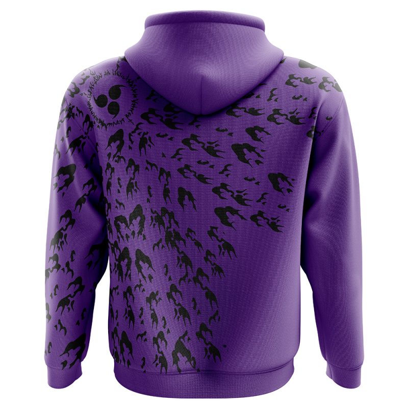 The Curse Mark Shippuden Hoodie is a purple hoodie with a black, swirling pattern of small shadowy figures across the back and shoulders, plus a circular design near the top left shoulder.