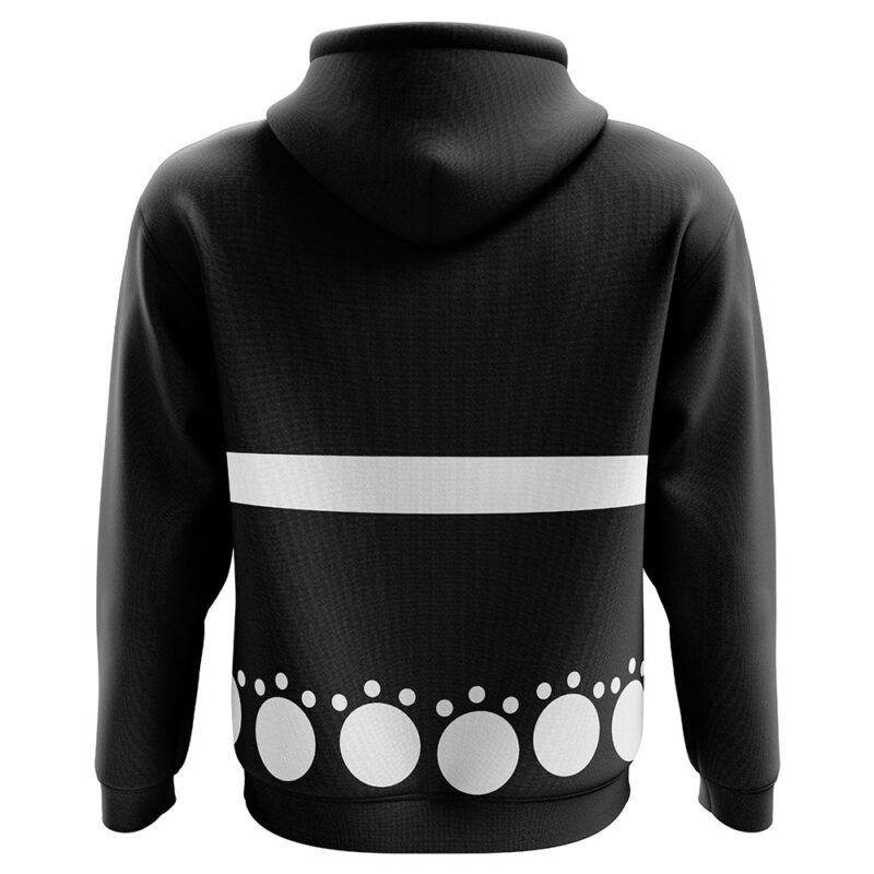 The Bartholomew Kuma One Piece Hoodie is black, with a horizontal white stripe across the upper back and large white dots lining the lower back hem.