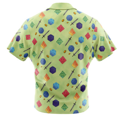 The Dungeons and Dragons Dice Pattern Button Up Hawaiian Shirt is light green with a repeating pattern of colorful polyhedral dice, swords, and gold coins, shown from the back.