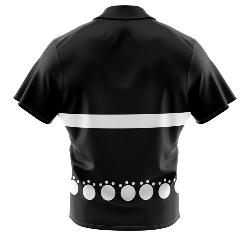 The Bartholomew Kuma One Piece Button Up Hawaiian Shirt is black with short sleeves, a horizontal white stripe across the back, and a row of large white dots with smaller ones above along the bottom.