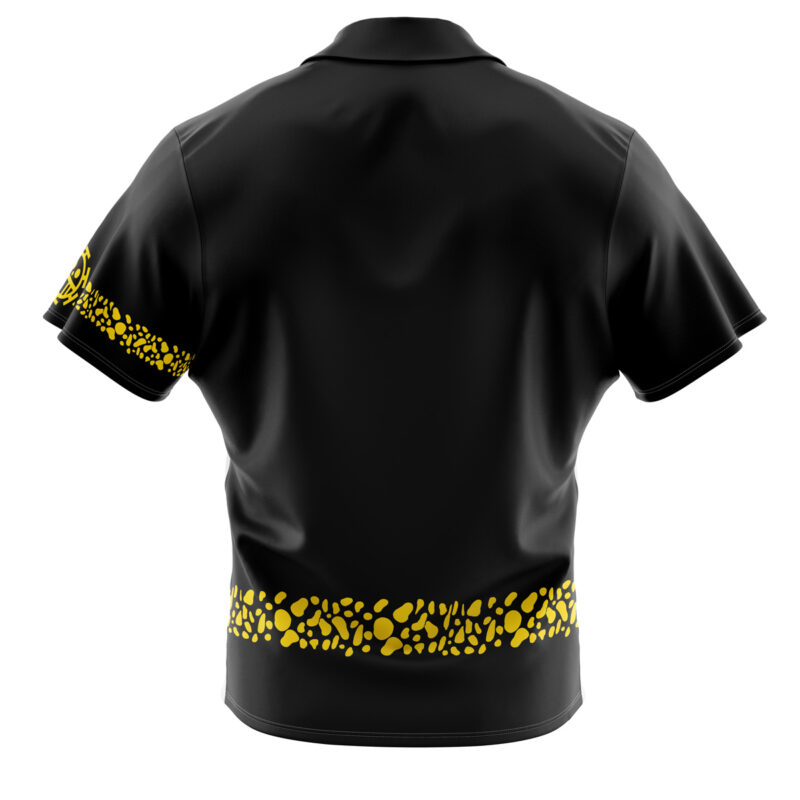 The Trafalgar Punk Hazard One Piece Button Up Hawaiian Shirt is black with a collar, short sleeves, and a smooth texture. It features yellow dotted patterns along the bottom hem and right sleeve edge, shown from the back view.