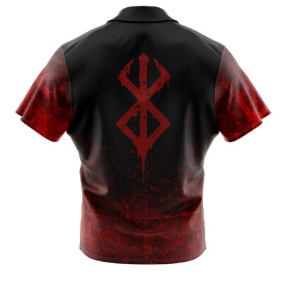The Brand of Sacrifice Berserk Button Up Hawaiian Shirt features short sleeves, a black and red grunge design, a bold red rune-like symbol on the back, and sleeves plus lower half that fade into red with textured patterns.