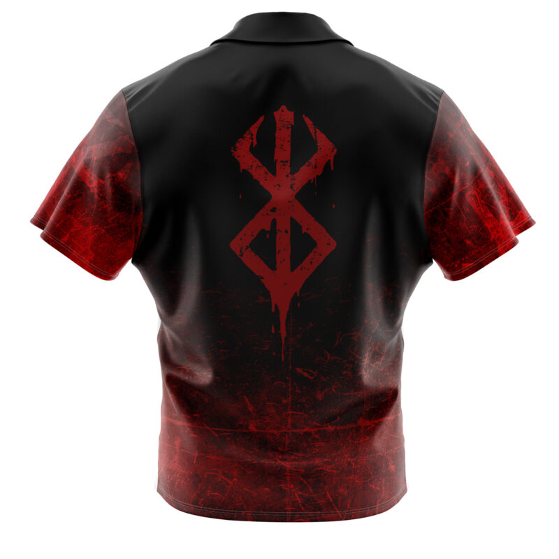 The Brand of Sacrifice Berserk Button Up Hawaiian Shirt features short sleeves, a black and red grunge design, a bold red rune-like symbol on the back, and sleeves plus lower half that fade into red with textured patterns.