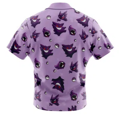 The Gengar Pattern Pokemon Button Up Hawaiian Shirt is a short-sleeved, light purple shirt with an all-over Gengar and Poké Ball design covering the back.