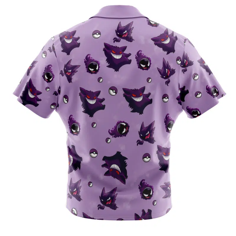 The Gengar Pattern Pokemon Button Up Hawaiian Shirt is a short-sleeved, light purple shirt with an all-over Gengar and Poké Ball design covering the back.