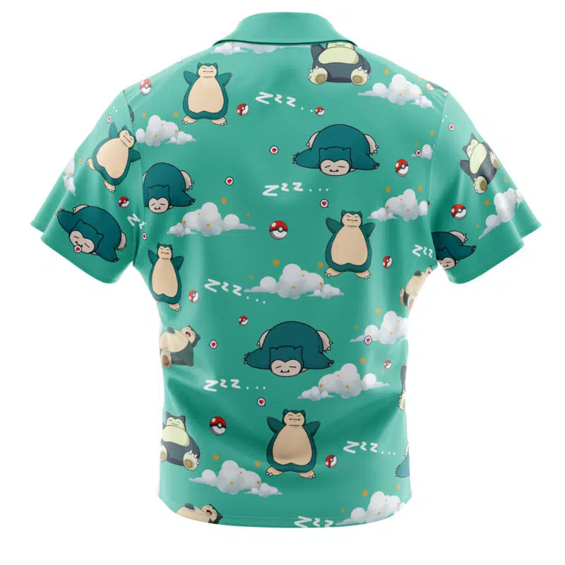 The Snorlax Pattern Pokemon Button Up Hawaiian Shirt is a green short-sleeve top featuring playful Snorlax poses among clouds, Poké Balls, and Zzz symbols, evoking a relaxed, sleep-inspired vibe.