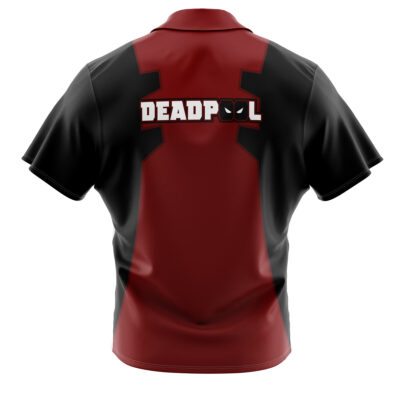 Deadpool Marvel Comics Button Up Hawaiian Shirt in black and red, featuring "DEADPOOL" on the back in bold white letters with Deadpool’s mask logo replacing both Os.