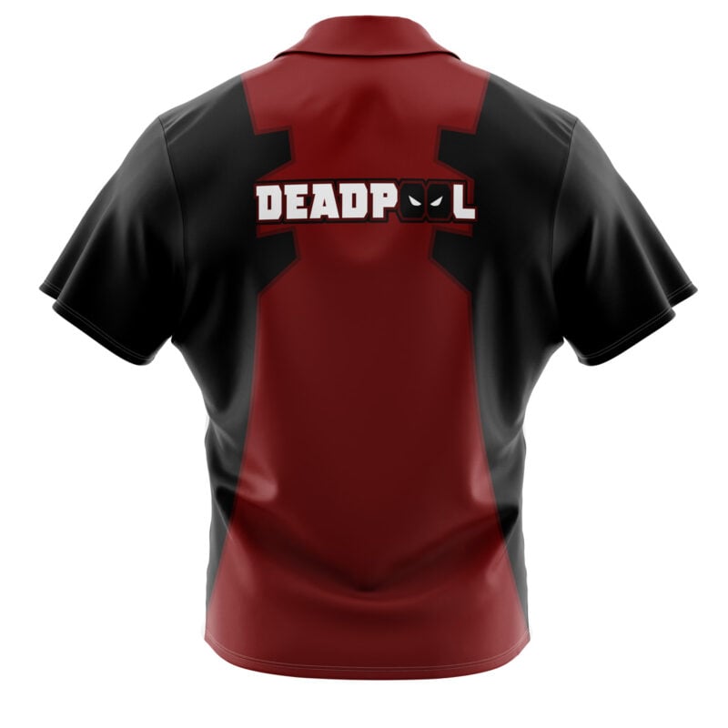 Deadpool Marvel Comics Button Up Hawaiian Shirt in black and red, featuring "DEADPOOL" on the back in bold white letters with Deadpool’s mask logo replacing both Os.