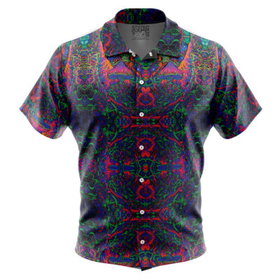 The Hippie Trip Brook One Piece Button Up Hawaiian Shirt features a vibrant psychedelic pattern in red, green, blue, and purple with symmetrical abstract and geometric designs.