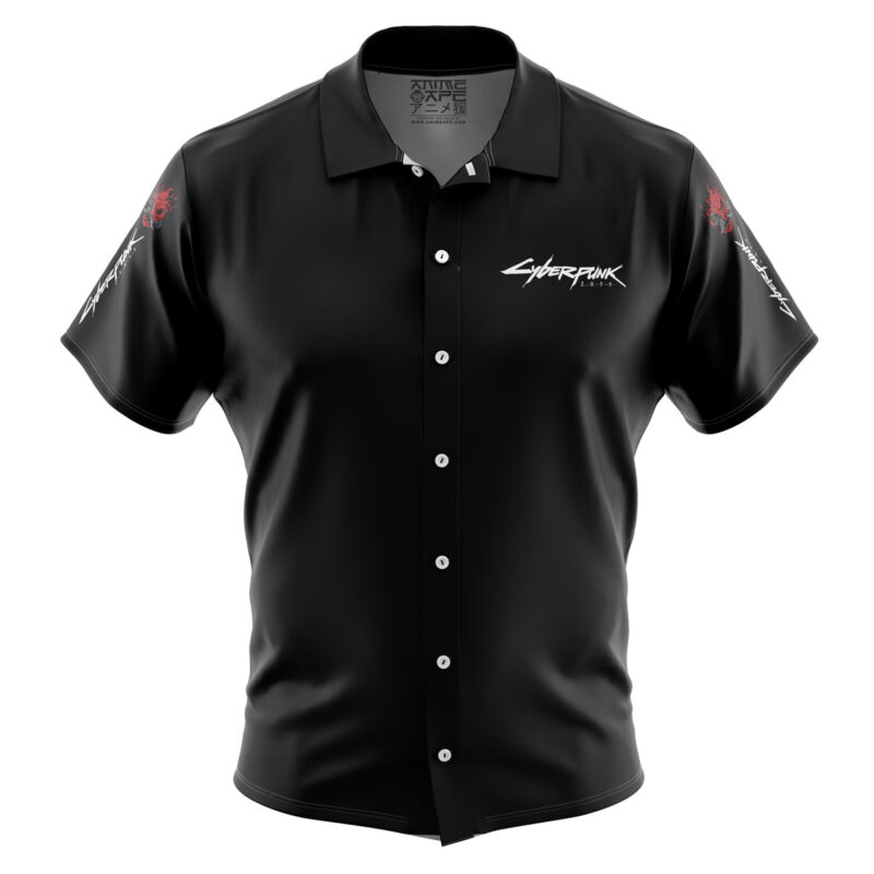 The Johnny Silverhand Cyberpunk Button Up Hawaiian Shirt is black with “Cyberpunk” in white on the left chest and red graphics on each sleeve.