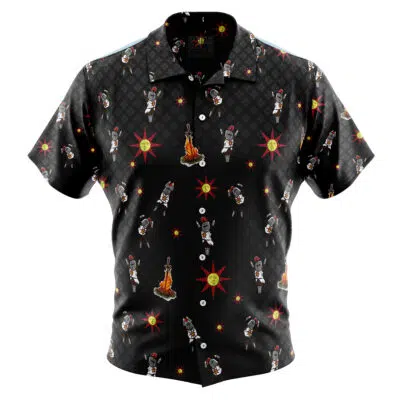 The Praise The Sun Pattern Dark Souls Button Up Hawaiian Shirt features a black background with astronauts, guitars, and red-yellow starbursts. This short-sleeve shirt includes a collar and white front buttons.