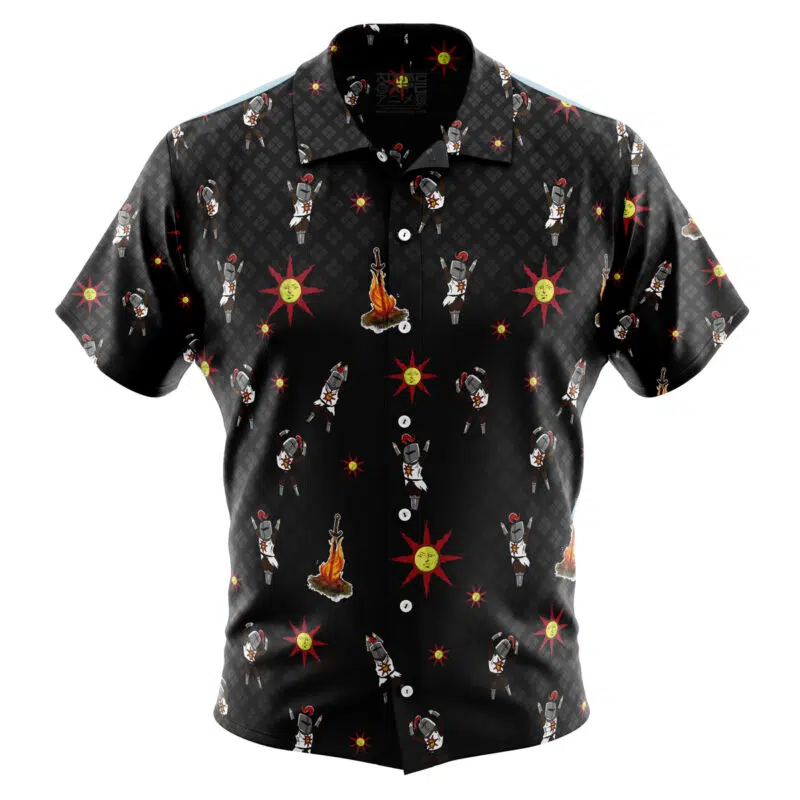 The Praise The Sun Pattern Dark Souls Button Up Hawaiian Shirt features a black background with astronauts, guitars, and red-yellow starbursts. This short-sleeve shirt includes a collar and white front buttons.