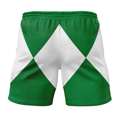 Green Ranger Power Coin Power Rangers Gym Shorts feature bold white diamond patterns on the back, creating a geometric design with alternating green and white triangles.