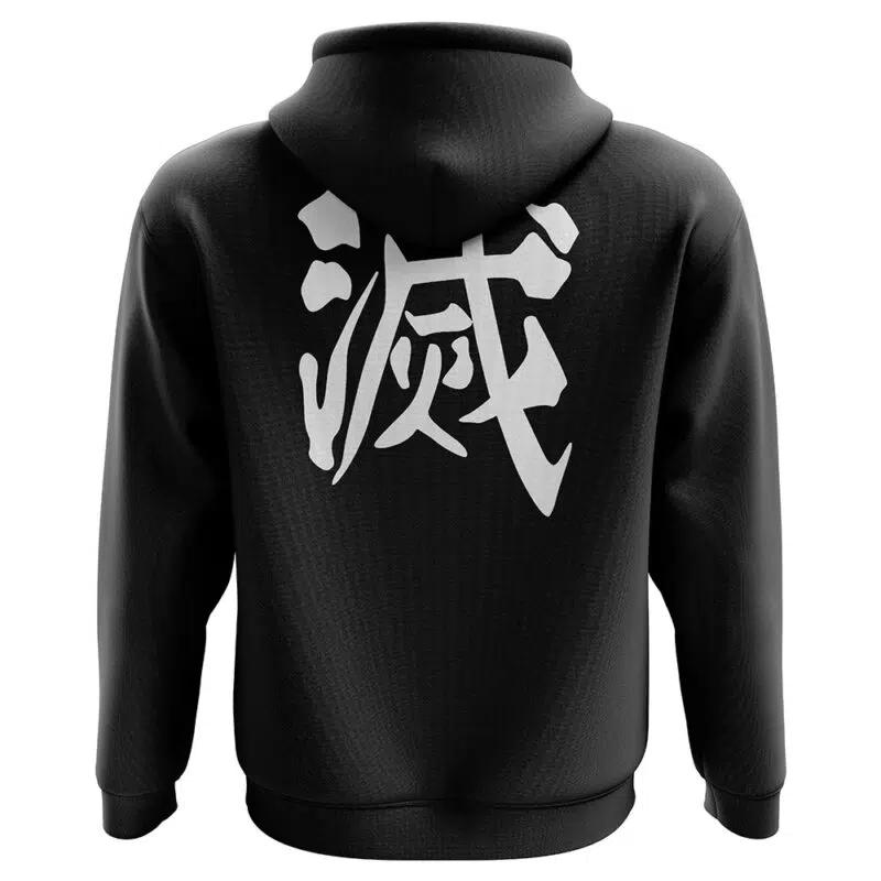 The Hashira Uniform Demon Slayer Hoodie is a black hoodie with bold white Japanese kanji characters printed across the upper back.
