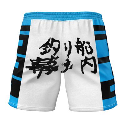 The Ippo Blue Hajime no Ippo Gym Shorts feature bold black Japanese kanji on a white panel, complemented by blue and black horizontal stripes on the sides for a striking athletic look.