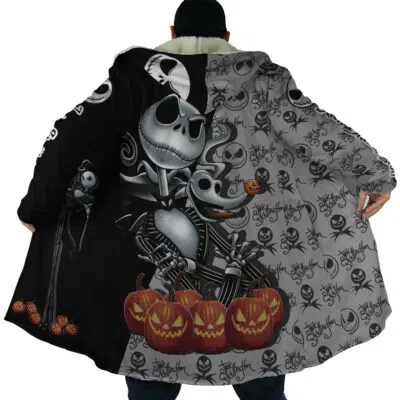 Someone wears the Jack Skellington The Nightmare Before Christmas Dream Cloak Coat, decorated with Jack Skellington, Zero, jack-o-lanterns, and spooky patterns, showcasing the full design with the coat spread open.