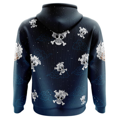 The Luffy Gear 5 V2 One Piece Hoodie features a dark design with cartoonish skulls with fluffy white hair and crossbones, blue clouds, and star-like dots covering the entire back.
