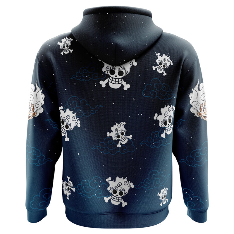 The Luffy Gear 5 V2 One Piece Hoodie features a dark design with cartoonish skulls with fluffy white hair and crossbones, blue clouds, and star-like dots covering the entire back.