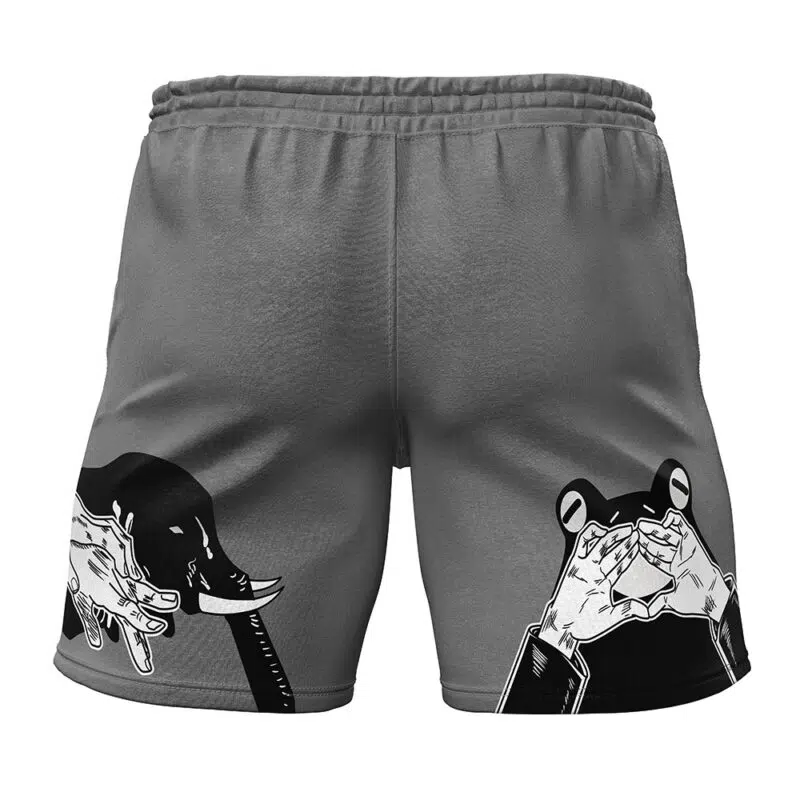 Megumi Fushiguro Hand Signs Jujutsu Kaisen Gym Shorts in gray, featuring artistic black-and-white hand illustrations on the back—left side forms an elephant, right side a bear—using shadow puppet gestures.