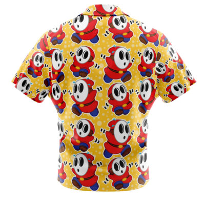 The Shy Guy Super Mario Bros Button Up Hawaiian Shirt features a yellow background with cartoon Shy Guys in red hooded outfits and white masks, inspired by the Mario video game series.
