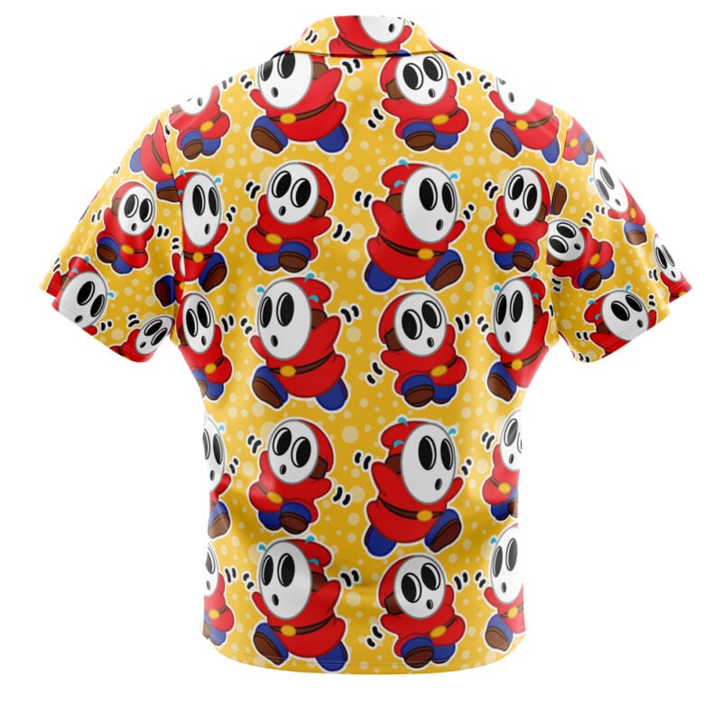 The Shy Guy Super Mario Bros Button Up Hawaiian Shirt features a yellow background with cartoon Shy Guys in red hooded outfits and white masks, inspired by the Mario video game series.