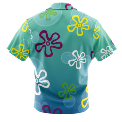 The image shows the back of the Bikini Bottom Pattern Spongebob Squarepants Button Up Hawaiian Shirt, which features a gradient blue and teal background with colorful abstract flowers and bubbles in yellow, white, purple, and green.