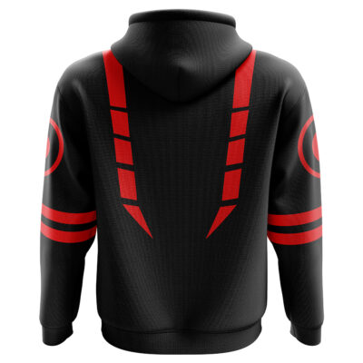 The Sukuna Jujutsu Kaisen Hoodie is a black hoodie with a hood, showcasing bold red angular lines on the back and red circular striped designs on the sleeves for a striking, futuristic look.