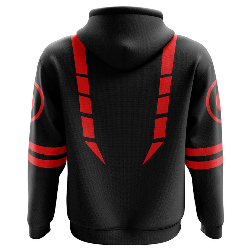 The Sukuna Jujutsu Kaisen Hoodie is a black hoodie with a hood, showcasing bold red angular lines on the back and red circular striped designs on the sleeves for a striking, futuristic look.