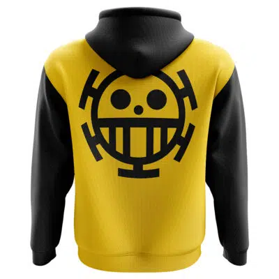 The Trafalgar Law One Piece Hoodie is yellow and black with long black sleeves and a large black smiling face logo on the back, inspired by the Jolly Roger symbol from the anime One Piece.