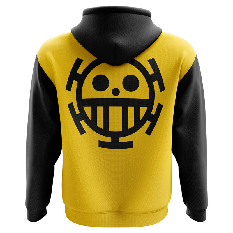 The Trafalgar Law One Piece Hoodie is yellow and black with long black sleeves and a large black smiling face logo on the back, inspired by the Jolly Roger symbol from the anime One Piece.