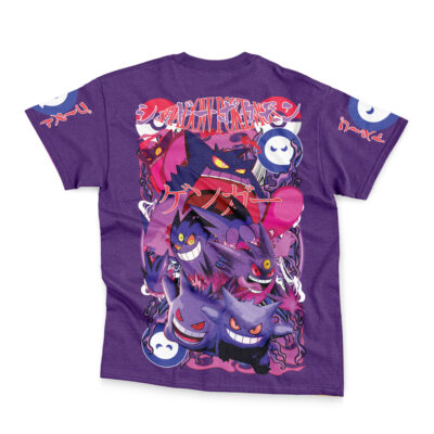 The Gengar V5 Pokemon Streetwear T-Shirt is a purple tee featuring multiple Gengar Pokémon in dynamic poses with Japanese text, red hearts, and ghost motifs on the back and sleeves.