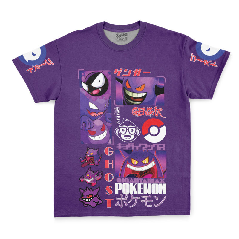 The Gengar V5 Pokemon Streetwear T-Shirt is a purple tee with Gengar, Haunter, Gastly, Poké Balls, pixel art, and Japanese text. The sleeves display Gastly and Japanese writing for added flair.