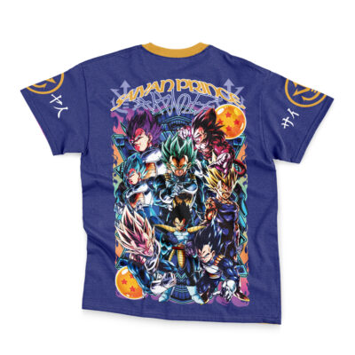 The Vegeta V4 Dragon Ball Z Streetwear T-Shirt is blue and showcases a vivid graphic of multiple Vegeta characters, Dragon Balls, and energy effects, with "Saiyan Prince" boldly displayed at the top.