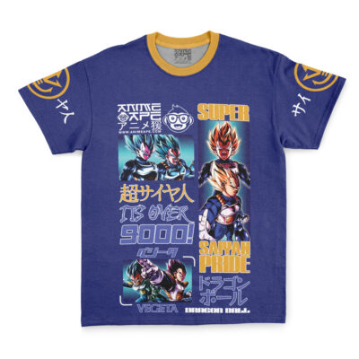 The Vegeta V4 Dragon Ball Z Streetwear T-Shirt is a blue tee with a yellow collar, featuring Vegeta and Goku, bold phrases like “ITS OVER 9000!”, “SUPER SAIYAN PRIDE,” plus Japanese characters and logos.