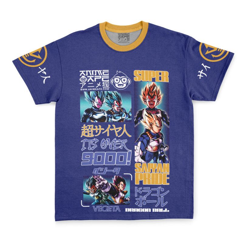 The Vegeta V4 Dragon Ball Z Streetwear T-Shirt is a blue tee with a yellow collar, featuring Vegeta and Goku, bold phrases like “ITS OVER 9000!”, “SUPER SAIYAN PRIDE,” plus Japanese characters and logos.
