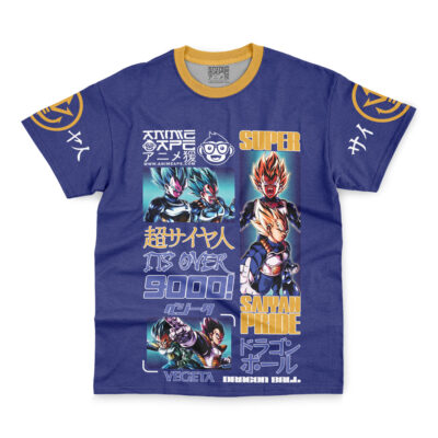 The Vegeta V4 Dragon Ball Z Streetwear T-Shirt is blue with yellow collar and sleeve accents, features Super Saiyan Vegeta, Japanese text, kanji and logos on the shoulders, plus “IT’S OVER 9000!” and “SUPER SAIYAN PRIDE.”.