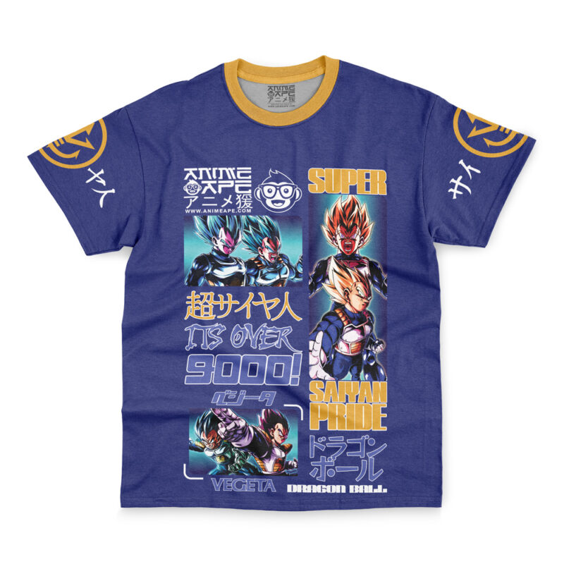 The Vegeta V4 Dragon Ball Z Streetwear T-Shirt is blue with yellow collar and sleeve accents, features Super Saiyan Vegeta, Japanese text, kanji and logos on the shoulders, plus “IT’S OVER 9000!” and “SUPER SAIYAN PRIDE.”.