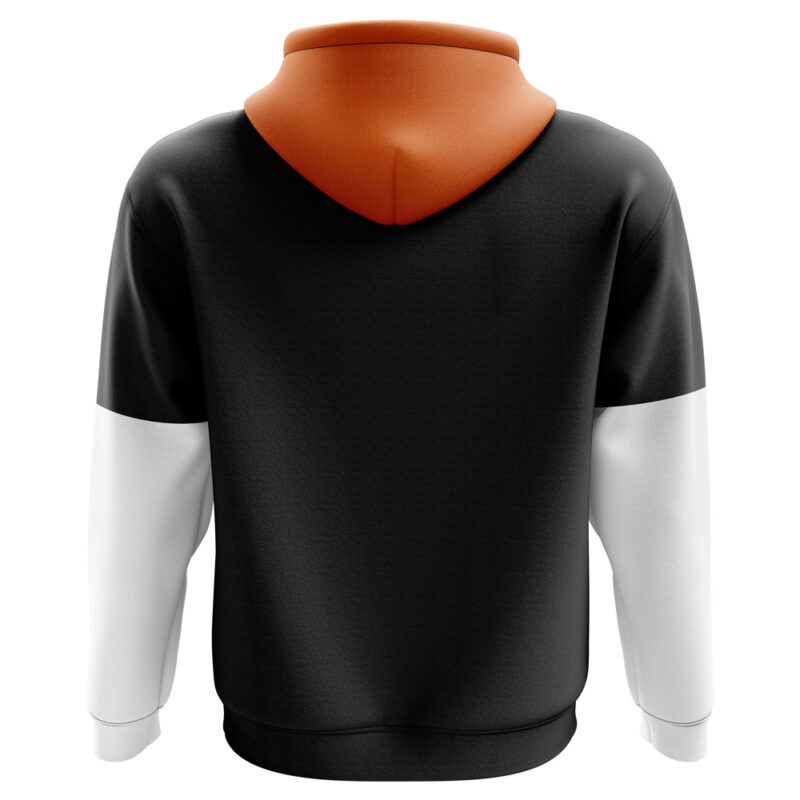 Back view of the Android 17 Dragon Ball Z Hoodie featuring an orange hood, black body, and white sleeves. The design is simple with no visible logos or decorations.