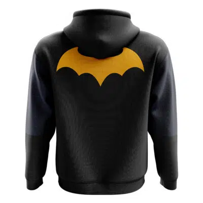 The Batman DC Comics Zip Hoodie Jacket is a black zip-up with long sleeves in a darker shade and a large yellow bat symbol on the back, adding stylish contrast to the design.