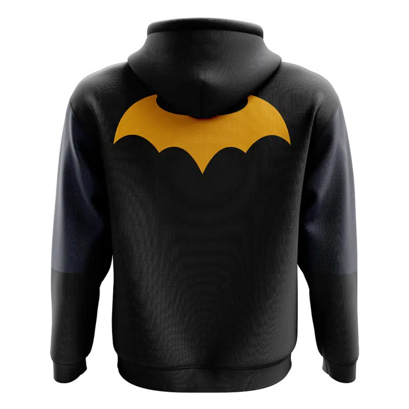 The Batman DC Comics Zip Hoodie Jacket is a black zip-up with long sleeves in a darker shade and a large yellow bat symbol on the back, adding stylish contrast to the design.