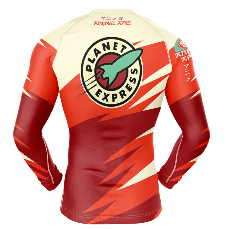 The Bender Futurama Long Sleeve Rash Guard Compression Shirt features a red and cream zigzag pattern, large Planet Express logo with green rocket on the back, and Japanese text on the shoulders and sleeve.