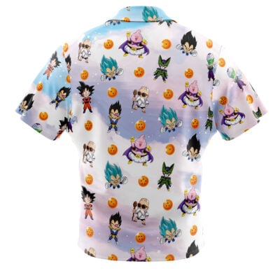 The Chibi Dragon Ball Z Characters Pattern Button Up Hawaiian Shirt features chibi-style characters and orange Dragon Balls on a pastel gradient, with the back of the shirt displayed.