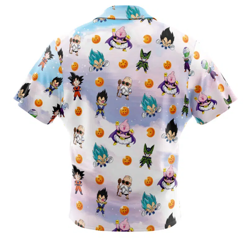 The Chibi Dragon Ball Z Characters Pattern Button Up Hawaiian Shirt features chibi-style characters and orange Dragon Balls on a pastel gradient, with the back of the shirt displayed.