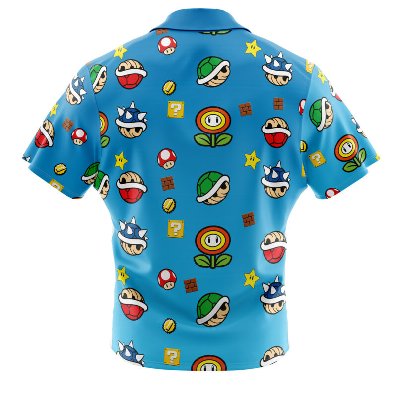 The Super Mario Bros Items Pattern Button Up Hawaiian Shirt is a bright blue short-sleeve shirt with colorful icons like mushrooms, shells, stars, coins, fire flowers, and question blocks in a playful scattered design.