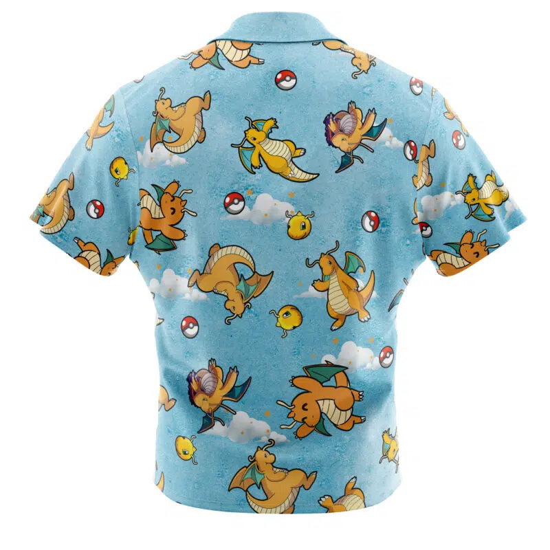 The Dragonite Pattern Pokemon Button Up Hawaiian Shirt is a short-sleeve blue shirt decorated with cartoon Dragonite, Poké Balls, clouds, and small yellow birds scattered throughout the fabric.