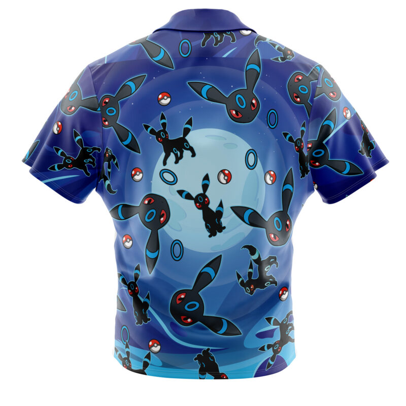 The Umbreon Shiny Pattern Pokemon Button Up Hawaiian Shirt features blue and purple hues with Umbreon, Poké Balls, and blue rings swirling around a large moon.